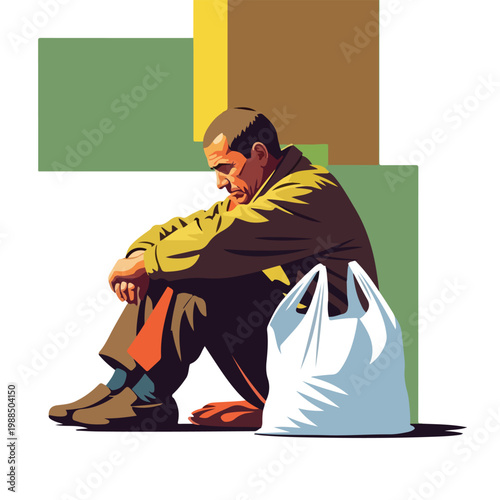 A sad, lonely man sits on the ground with a plastic bag against a box backdrop