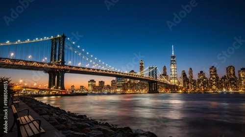 Time-lapse of the iconic Manhattan Bridge with the New York City skyline at dusk, capturing the transition from day to night.