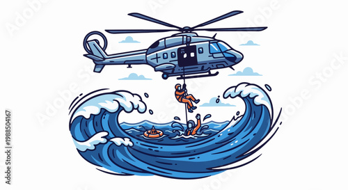 Helicopter rescue operation over stormy seas with people struggling