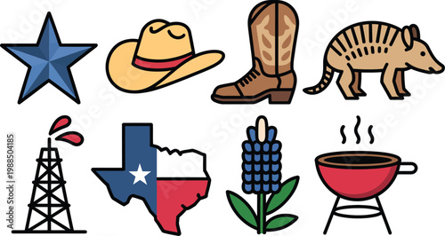 Collection of Texas independence day symbols including lone star hat boots armadillo oil rig map and barbecue icons in clean vector illustration style for cultural design themes.