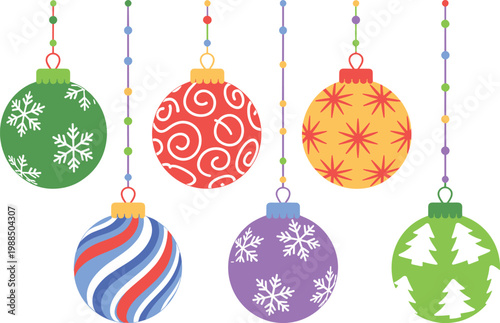 Colorful Christmas ornaments set, festive hanging baubles with patterns for holiday decoration vector illustration