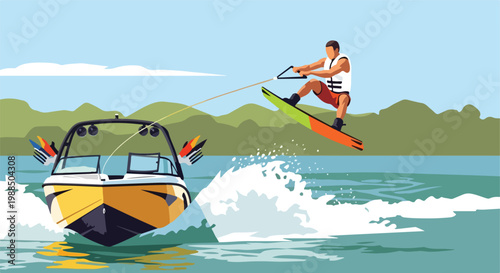 A male wakeboarder performs a high jump behind a yellow motorboat on a lake