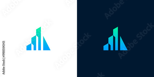 Abstract blue and green geometric building shape logo on white and dark backgrounds