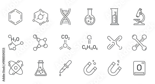 Collection of hand-drawn science and chemistry icons.