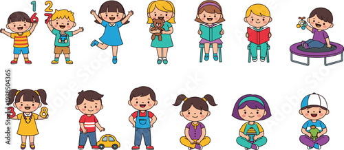 Cute Kids Activities Collection with Children Playing Learning Reading and Sitting Cartoon Characters Educational Vector Illustration Set