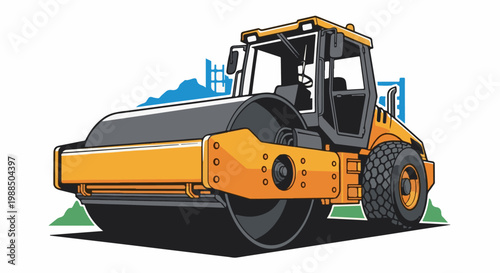 Illustration of a bright orange and gray steamroller with a blue cityscape background