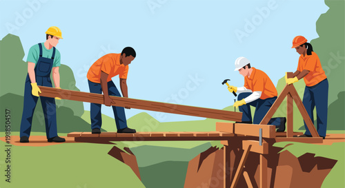 Four diverse construction workers collaborating to build a bridge over a ravine