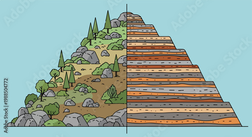 A split illustration showing a mountain landscape and its geological soil layers