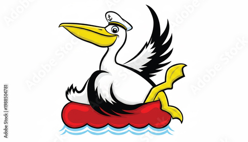 Pelican sailor mascot illustration with yellow beak and captain hat over red waves and black feathers