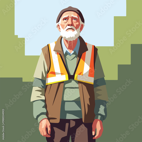 An elderly man with a white beard wearing a reflective safety vest looks upward