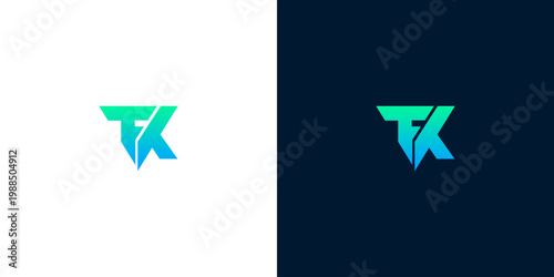 Modern Tech Company Logo Design with Intersecting 'T' and 'K' Letters, Gradient Colors on White and Dark Backgrounds
