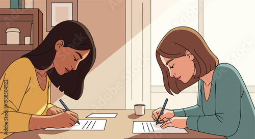 Two women sitting at a table together and writing notes on paper in a room