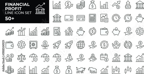 A collection of financial and business icons in a line style, featuring symbols for profit, money, and commerce, ideal for use in marketing, advertising, and educational materials.