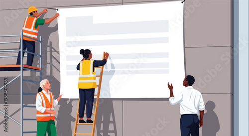 Four workers in safety gear install a large blank document poster on a gray wall