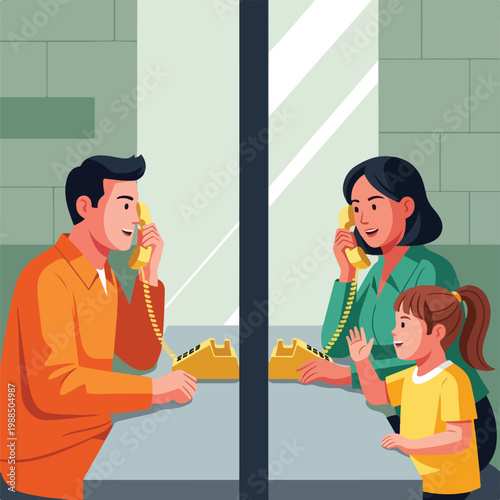 A man and his family talking through a glass partition using yellow telephones