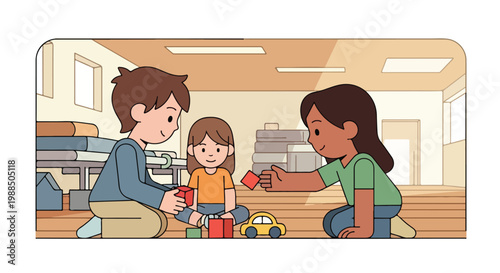 A boy and two girls play with building blocks and a toy car on a floor