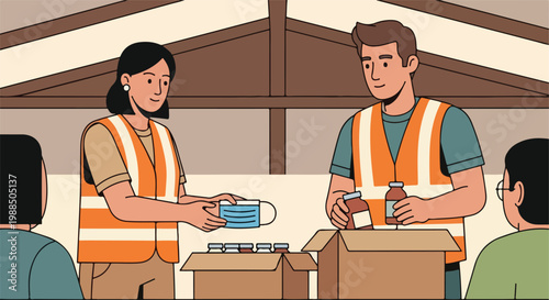 Two volunteers wearing orange vests distribute medical supplies and food to people