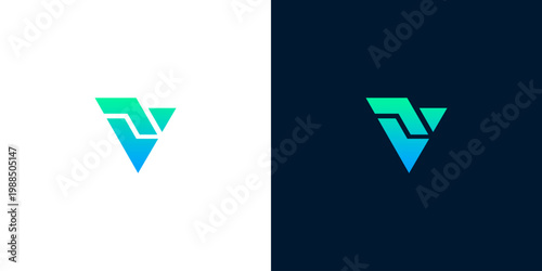 Geometric abstract letter V logo design, blue and green gradient, modern minimalist symbol for technology or business branding on white and dark backgrounds
