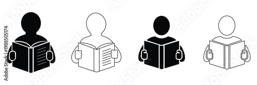 Person reading book icon set. Reader, education, learning, learn. Read book symbol on white background - stock vector.