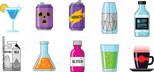 Futuristic Cyberpunk Beverage Icon Set Featuring Energy Cans, Radioactive Soda, Chemical Flask, Synthetic Milk, and Sci-Fi Drinks for Gaming and Digital Media