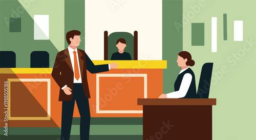 A lawyer gestures while presenting a case in a courtroom before a seated judge