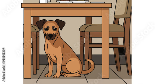 A cute brown puppy sitting on the floor underneath a wooden dining room table