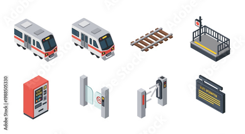 Isometric Commuter Train Icon Set, Modern Railway Station Elements, and Public Transit Infrastructure.
