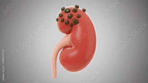 A medical illustration of a kidney with stones on transparent background