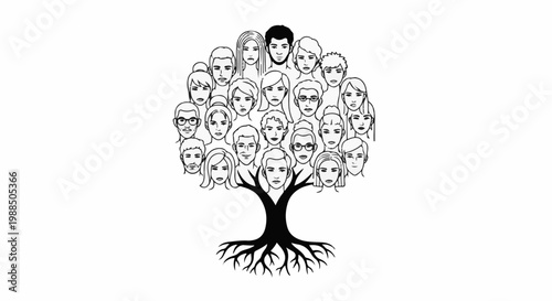 Diverse faces forming a tree with visible roots