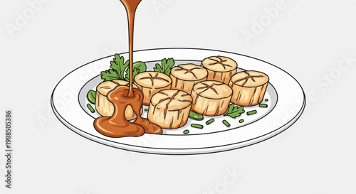 Delicious food, rich sauce cascading over golden appetizers, garnished with fresh greens