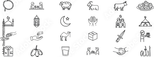 Collection of black and white line art icons depicting various objects and symbols