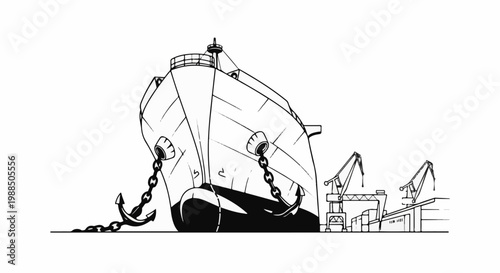 Massive cargo ship docked at port with anchors down, cranes visible