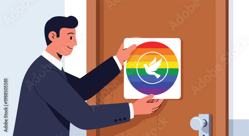 A man in a suit attaches a sign with a rainbow dove symbol to a wooden door