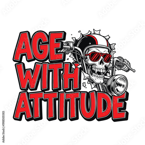 Skull wearing helmet and sunglasses riding motorcycle with bold attitude design