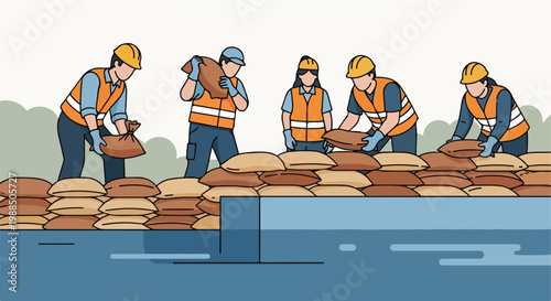 A team of construction workers stacking sandbags to build a flood barrier wall