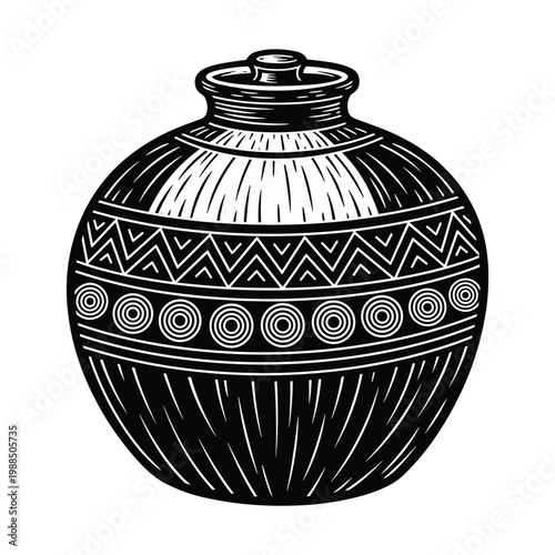 Vintage pottery vase with tribal pattern on transparent background vector.