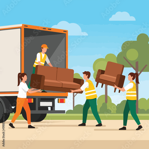 Movers in yellow safety vests loading furniture into a large delivery truck