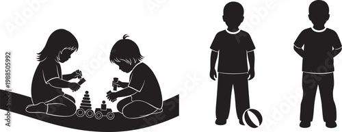 Children silhouette illustration, kids playing artwork, childhood activity graphic, toy clipart, ball game icon, outdoor play design, friendship artwork, leisure symbol