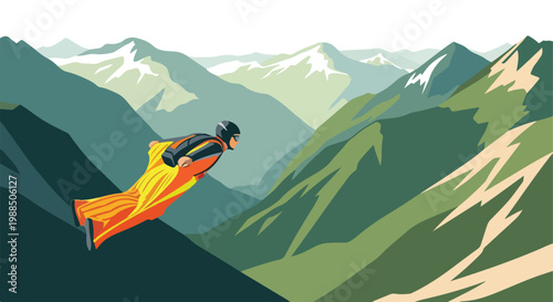 A wingsuit flyer glides through the air above a scenic range of mountain peaks