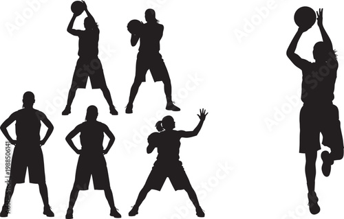Basketball player silhouettes, sports action icons, athletic movement graphics, dribbling artwork, shooting clipart, defending design, team sport symbol, dynamic posture illustration