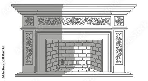 Ornate fireplace mantel with brick interior.