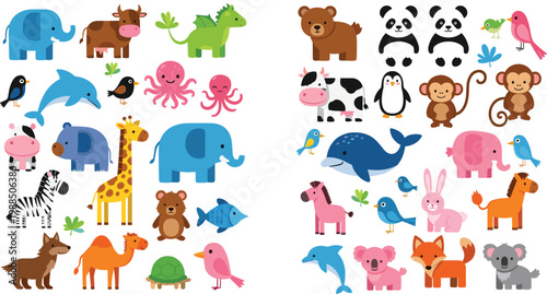 Cartoon Animal Collection with Farm Wild and Marine Creatures Including Elephant Giraffe Dolphin Panda and Birds Vector Illustration Set