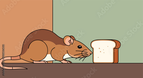 A flat vector illustration of a brown mouse sniffing a slice of white bread