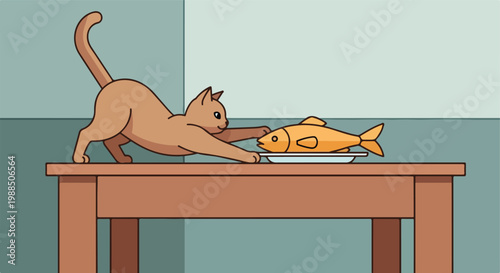 An illustrated ginger cat stretches its paws toward a fish served on a plate