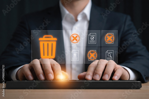 Data management concept with hand deleting digital files and documents showing data cleanup, file removal, privacy protection, information management and secure document disposal business technology.