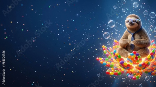 Sloth meditates on glowing jelly belly lotus on far right, deep space blue void with particles on left for clean text overlay and banner