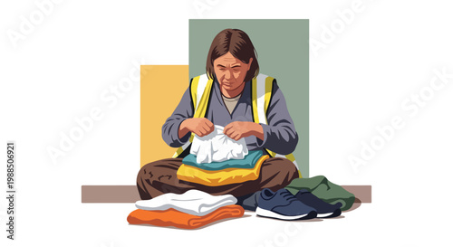 A woman in a safety vest sits on the floor sorting a pile of folded clothing