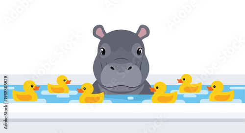 A cute grey hippo sitting in a white bathtub filled with yellow rubber ducks