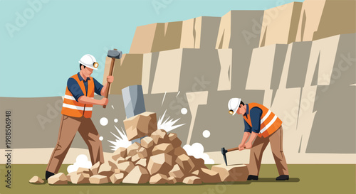 Two construction workers in safety gear breaking rocks in a large stone quarry