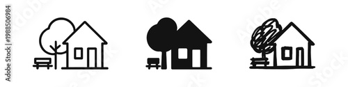 House with Tree and Garden Bench Icon Set